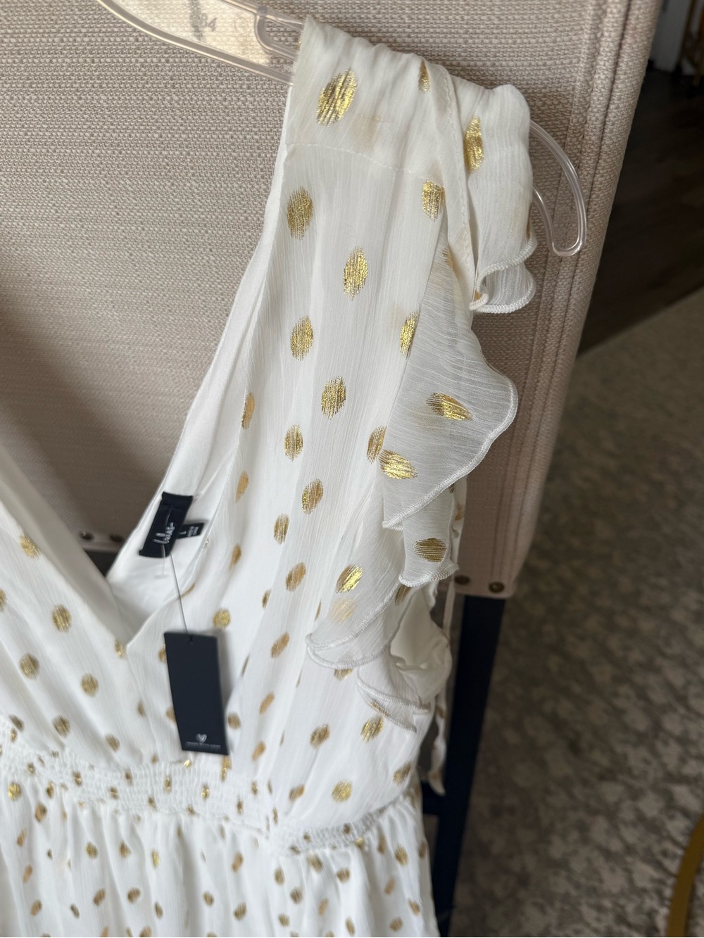 Lulu's Cause to Celebrate White and Gold Dot Ruffled Tiered Midi Dress - Picture 7 of 12
